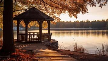 ai généré une confortable belvédère surplombant une tranquille Lac et une scénique paysage photo