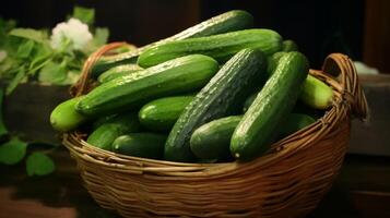 ai généré rustique panier rempli avec croustillant vert concombres photo