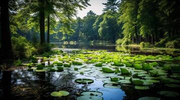 ai généré paisible scène de une tranquille étang avec flottant fleurs de lys photo