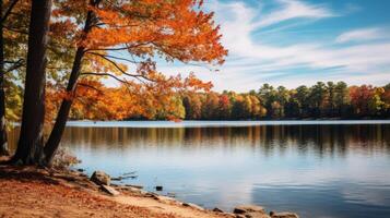 ai généré tomber paysage de une Lac et forêt avec vibrant couleurs photo