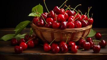 ai généré tissé panier débordant avec mûr, succulent cerises photo