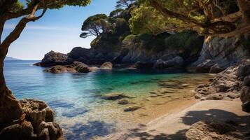 ai généré une Stupéfiant crique avec clair l'eau et une blanc sablonneux plage photo