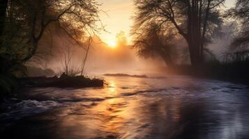 ai généré le brumeux rivière et le lever du soleil Comment elles ou ils créer une magique atmosphère photo