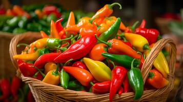 ai généré panier débordé avec savoureux, coloré chaud poivrons photo