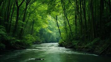 ai généré rivière dans le sauvage avec bambou les forêts et lumière du soleil photo