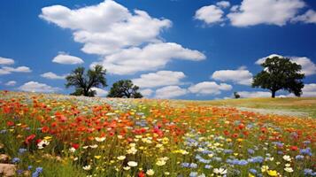 ai généré pittoresque Prairie rempli avec vibrant fleurs sauvages photo