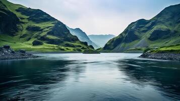 ai généré niché Lac avec canyon et lumière du soleil photo