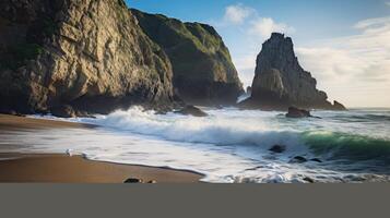 ai généré robuste falaises et vagues à une isolé plage dans la nature Contexte photo