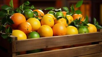 ai généré en bois Caisse rempli avec une variété de coloré agrumes des fruits photo