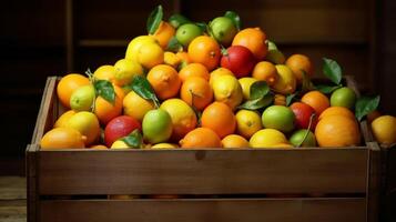 ai généré charmant afficher de assorti agrumes des fruits dans une rustique Caisse photo