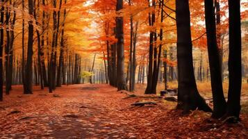 ai généré une forêt sol avec vibrant rouge, orange, et Jaune feuilles dans une vecteur illustration photo