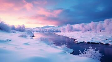 ai généré une paysage avec neige et une violet crépuscule ciel avec une étoile photo