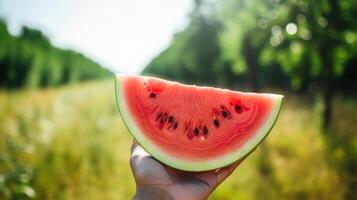 ai généré pastèque tranche tenue par une main photo