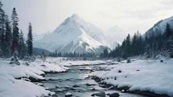 ai généré le pittoresque rivière et le neigeux pics Comment elles ou ils créer une magique atmosphère photo