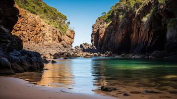 ai généré une secret plage crique avec Azur l'eau et doux le sable photo