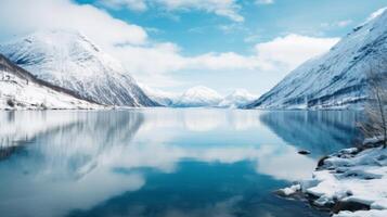 ai généré une majestueux et Stupéfiant paysage de une parfait glacé fjord avec imposant montagnes et congelé l'eau photo