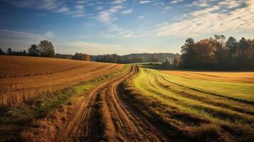 ai généré une pittoresque saleté route enroulement par le les terres agricoles photo