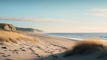 ai généré le paisible plage et le d'or le sable dunes Comment elles ou ils créer une magique atmosphère photo