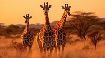 ai généré girafe groupe dans d'or lumière de savane proche en haut photo