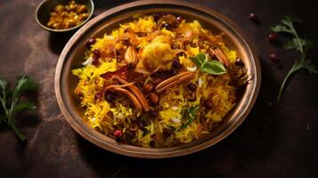 ai généré un aérien vue de une biryani avec Safran et frit oignons ajouter Couleur et saveur photo