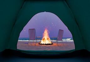 vue de à l'intérieur une tente de une feu sur le plage à nuit photo