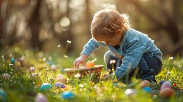 ai généré peu garçon chasse pour Oeuf dans printemps jardin sur Pâques journée. traditionnel Pâques Festival en plein air. magnifique printemps ensoleillé journée dans parc. photo