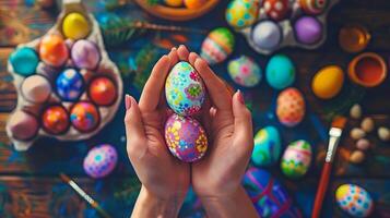 ai généré femme La peinture Pâques Oeuf à Accueil sur vieux en bois tableau. Fait main décoration pour vacances. photo