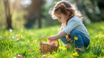 ai généré peu fille chasse pour Oeuf dans printemps jardin sur Pâques journée. traditionnel Pâques Festival en plein air. magnifique printemps ensoleillé journée dans parc. photo