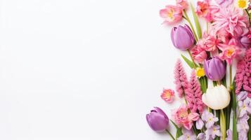 ai généré jolie printemps fleurs sur blanc Contexte avec copie espace pour votre conception. printemps Contexte concept photo