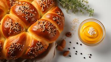 ai généré moutarde pain rouleau chignon gâteau pour petit déjeuner photo