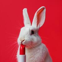 ai généré animal essai sur lapin. une rouge rouge à lèvres avec blanc lapin, concept de cosmétique essai sur animal. cruauté gratuit et Arrêtez animal abuser de concept. photo