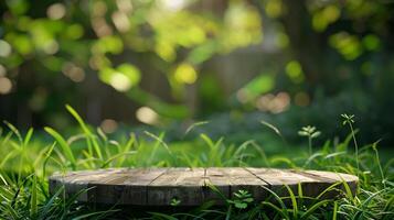 ai généré Facile rond bois podium sur vert herbe avec verdure comme Contexte photo