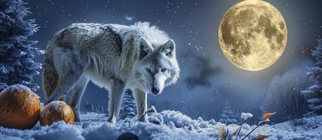 ai généré majestueux solitude, fermer de une mystérieux blanc Loup permanent dans une neigeux paysage sous une grand plein lune. photo