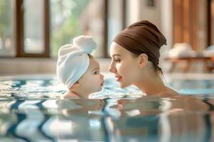ai généré magnifique caucasien Jeune mère et sa bébé dans le nager bassin. photo