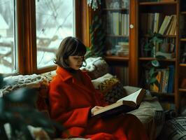 ai généré magnifique caucasien fille en train de lire livre à l'intérieur photo