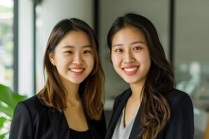 ai généré portrait de asiatique affaires équipe. deux Jeune affaires femme dans le bureau. photo