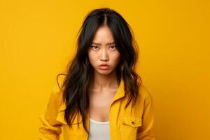 ai généré en colère Jeune asiatique femme isolé sur Jaune Contexte. portrait de furieux femme, fermer. photo