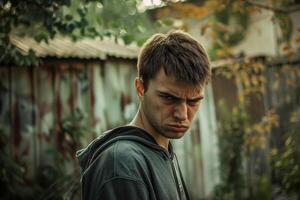 ai généré en colère Jeune homme à le cour, fermer photo