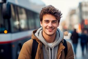 ai généré souriant Université étudiant dans de face de une autobus photo