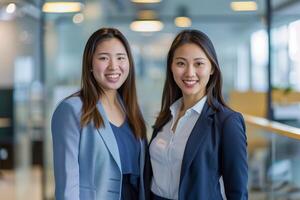 ai généré portrait de asiatique affaires équipe. deux Jeune affaires femme dans le bureau. photo