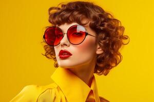 ai généré élégant Jeune femme portrait sur Jaune Contexte avec lunettes photo