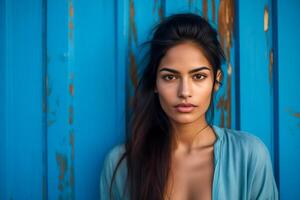 ai généré Jeune femme dans de face de une bleu en bois mur photo