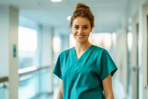 ai généré portrait de une Jeune magnifique infirmière dans le hôpital photo