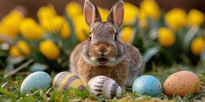 ai généré lapin séance dans herbe suivant à des œufs photo