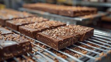 ai généré Chocolat bars refroidissement sur une grille dans une usine photo