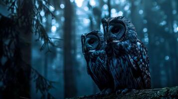 ai généré mystique chouettes dans éclairé par la lune forêt photo