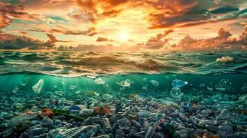 ai généré océan la pollution crise à le coucher du soleil photo