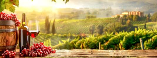 ai généré vignoble le coucher du soleil avec du vin et les raisins photo