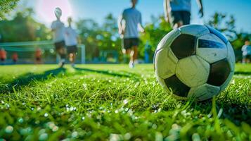 ai généré Matin football Jeu dans ensoleillé parc photo