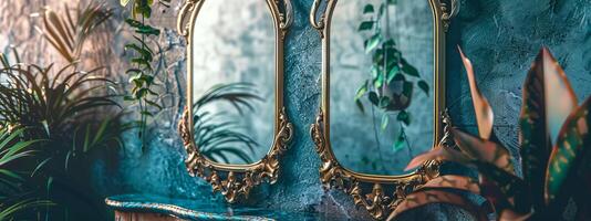 ai généré ancien reflets dans élégant miroirs avec les plantes photo